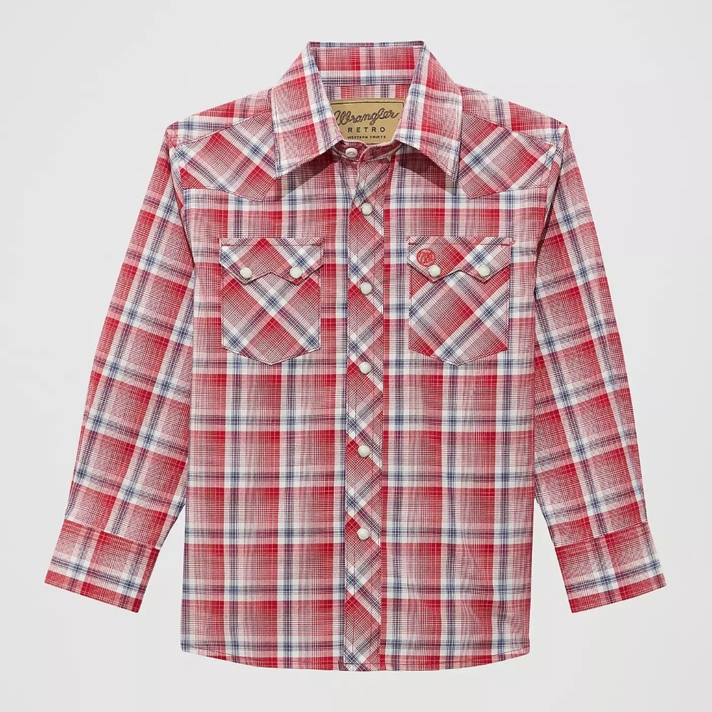 Wrangler Retro Boys Long Sleeve Plaid Western Pearl Snap Shirt Red Medium 7/8